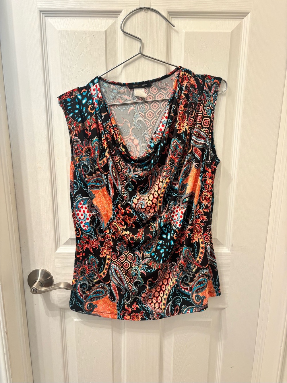 Sleeveless Paisley Cowl Neck Blouse - Black with Teal & Orange Accents